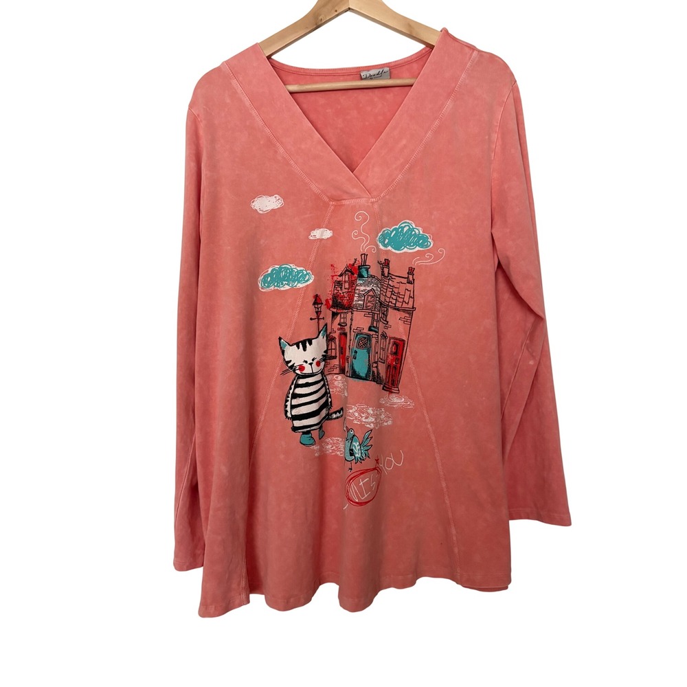 Doodle by Inoah Womens "I Miss You" Coral Pink Cat Graphic V-Neck Tunic Top M